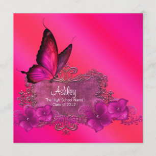 Invitación Anuncios de graduación de mariposa rosa caliente
