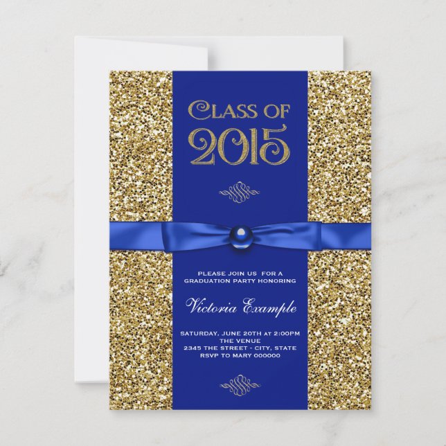 Invitación Anuncios de graduación de Purpurinas azules y dora (Anverso)