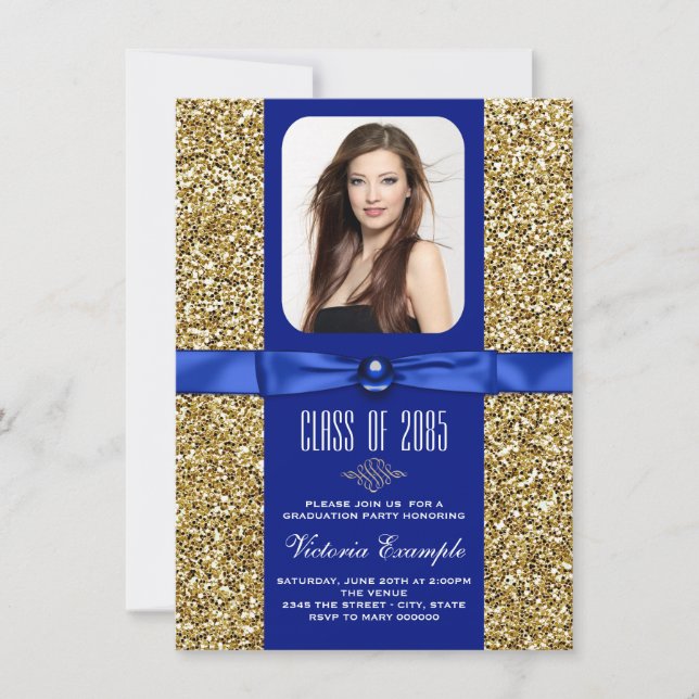 Invitación Anuncios de graduación de Purpurinas azules y dora (Anverso)