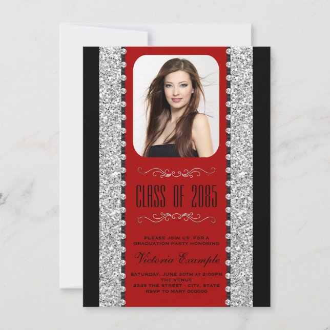 Invitación Anuncios de graduación de Purpurinas rojos y negro (Anverso)