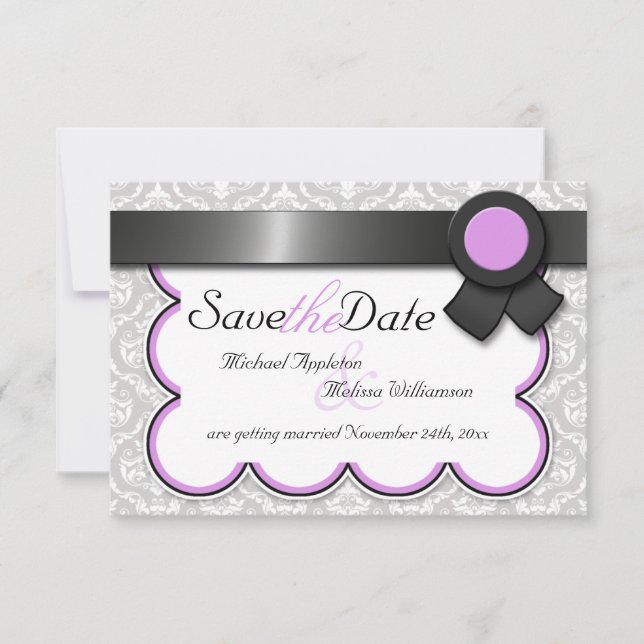 Invitación Anuncios de Purple & Gray Damask Save the Date (Anverso)