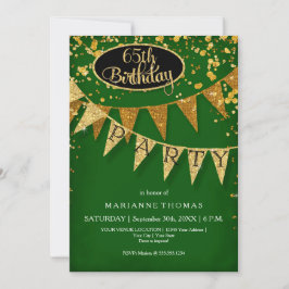Invitación Any Birthday Emerald Gold Pennant Banner Confetti