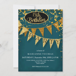 Invitación Any Birthday Peacock Blue Gold Confetti Pennant