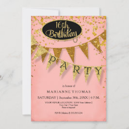 Invitación Any Birthday Pink and Gold Pennant Banner Confetti