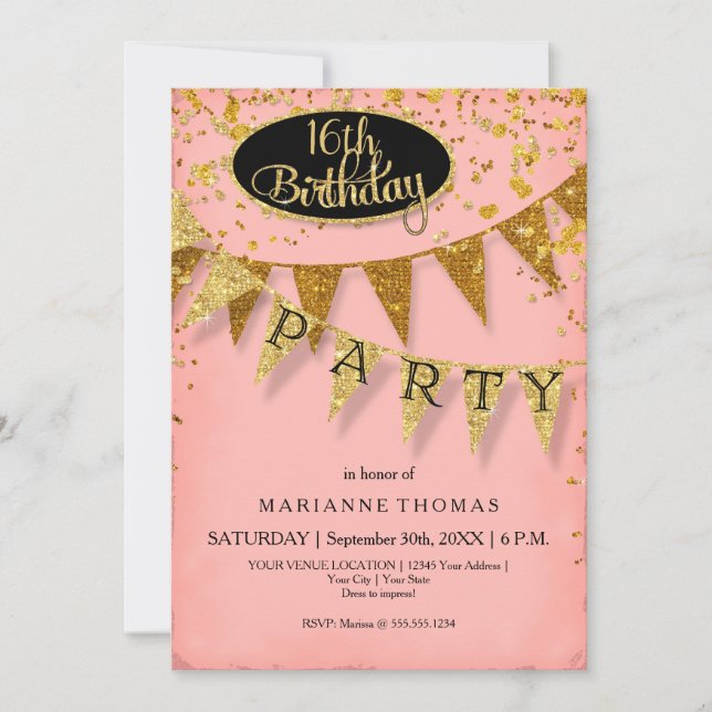 Invitación Any Birthday Pink and Gold Pennant Banner Confetti (Anverso)