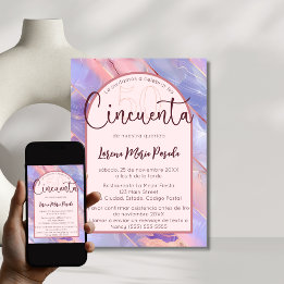 Invitación Apaque rosa morado español 50 cumpleaños para ella
