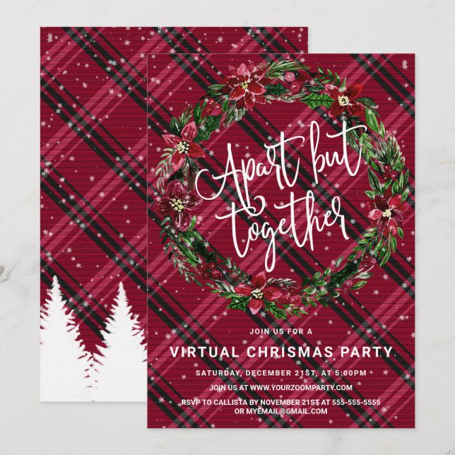 Invitación Aparte Pero Juntos Navidades Floral Wreath Flannel (Anverso / Reverso)