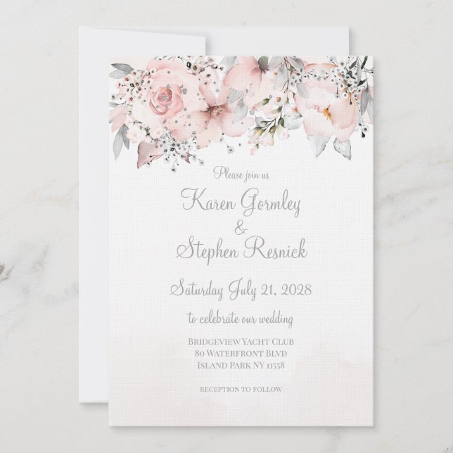 Invitación Apellidos del Boda Rubor Peony Silver Eucalyptus (Anverso)