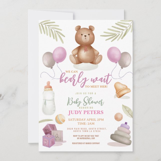 Invitación Apenas espera el Chica Rosa Baby Shower Bear (Anverso)