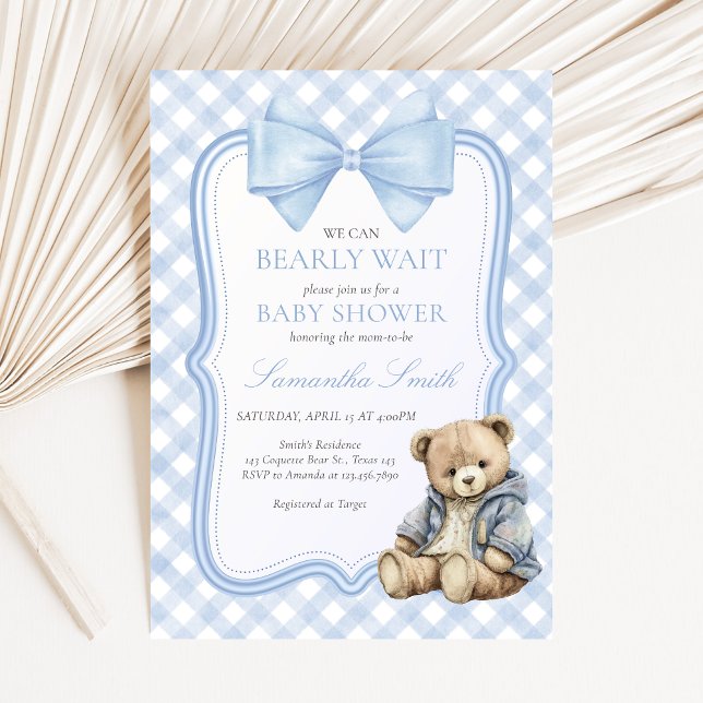 Invitación Apenas Espera Elegante Fiesta de Bebé Oso (Blue Bear Baby Shower Invitation)