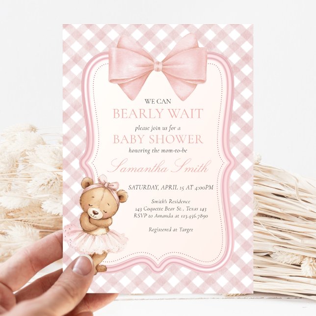 Invitación Apenas Esperamos Elegante Oso Fiesta de Bebé (Pink Bear Baby Shower Invitation)
