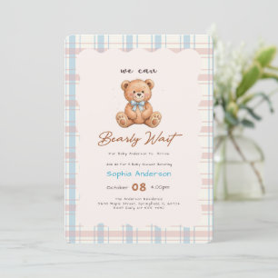 Invitación Apenas Esperamos Plaid Teddy Bear Baby Shower