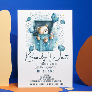 Invitación Apenas Podemos Esperar Caja Azul Osito Niño Baño d