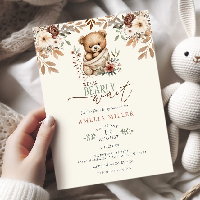 Invitación Apenas Podemos Esperar Fiesta de Bebé Floral Boho (We Can Bearly Wait Boho Teddy Bear Floral Baby Shower Invitation)