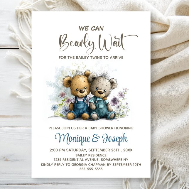 Invitación Apenas Podemos Esperar Ositos Gemelos Teddy Fiesta (Subido por el creador)