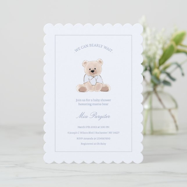 Invitación Apenas Podemos Esperar Oso de Peluche Azul Fiesta  (Anverso de pie)