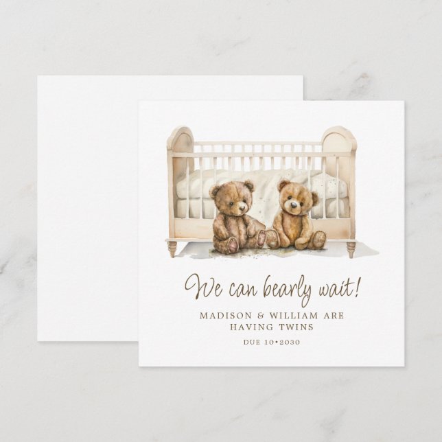 Invitación Apenas Podemos Esperar Osos de Peluche Gemelos Emb (Anverso / Reverso)