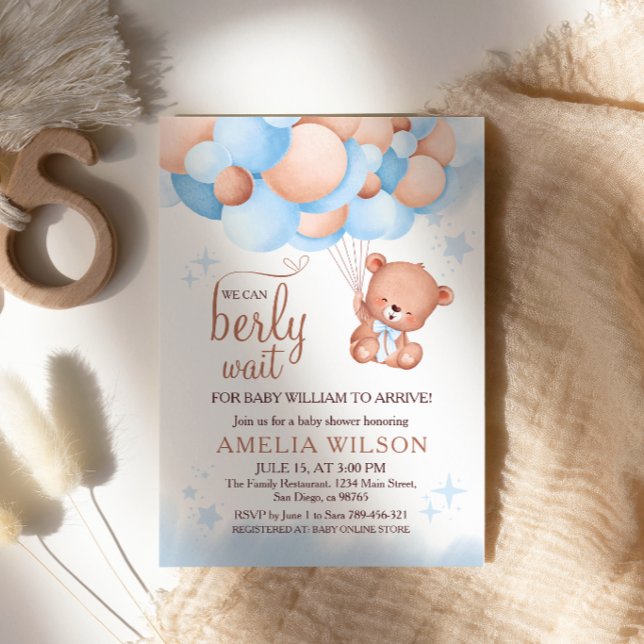 Invitación Apenas Podemos Esperar Osos de Peluche Globos Azul (Subido por el creador)