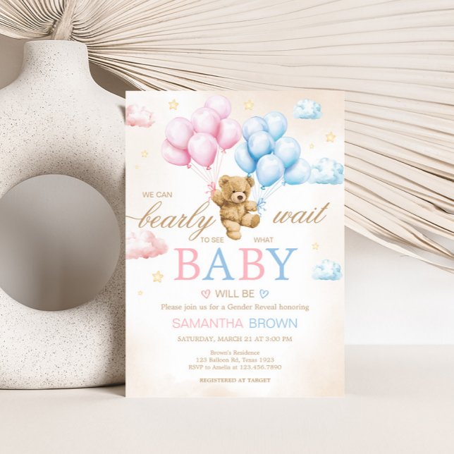 Invitación Apenas Podemos Esperar Revelación de Género de Osi (Bear Balloon He or She Gender Reveal Invitation)
