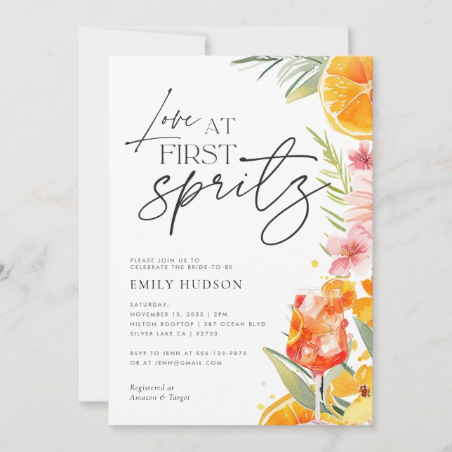 Invitación Aperol Spritz Watercolor Bridal Shower (Anverso)