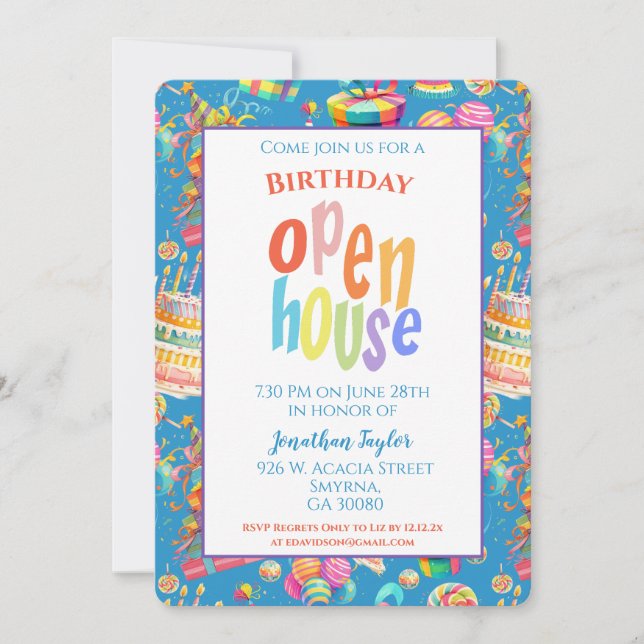 Invitación Apertura de la fiesta de cumpleaños arcoiris (Anverso)