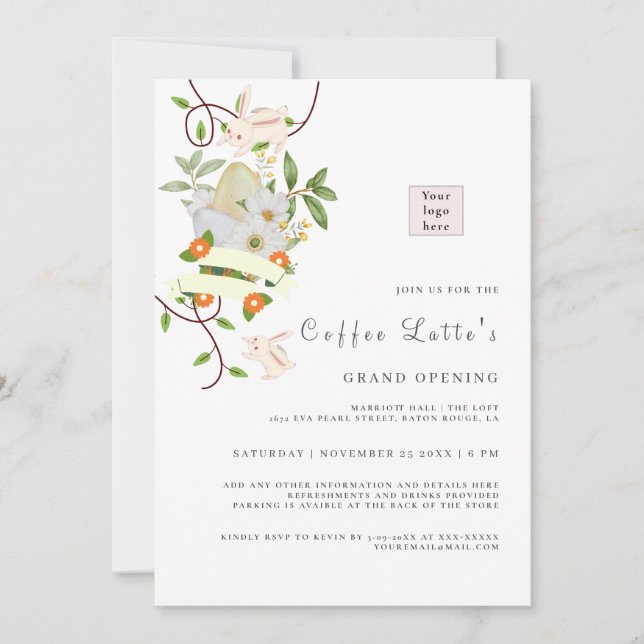 Invitación Apertura de negocios de Eggs y Conejo Floral (Anverso)