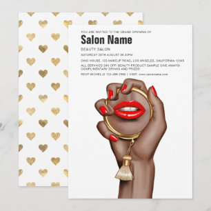 Invitación Apertura del Salón de Belleza Glam Chic Rojo y Dor