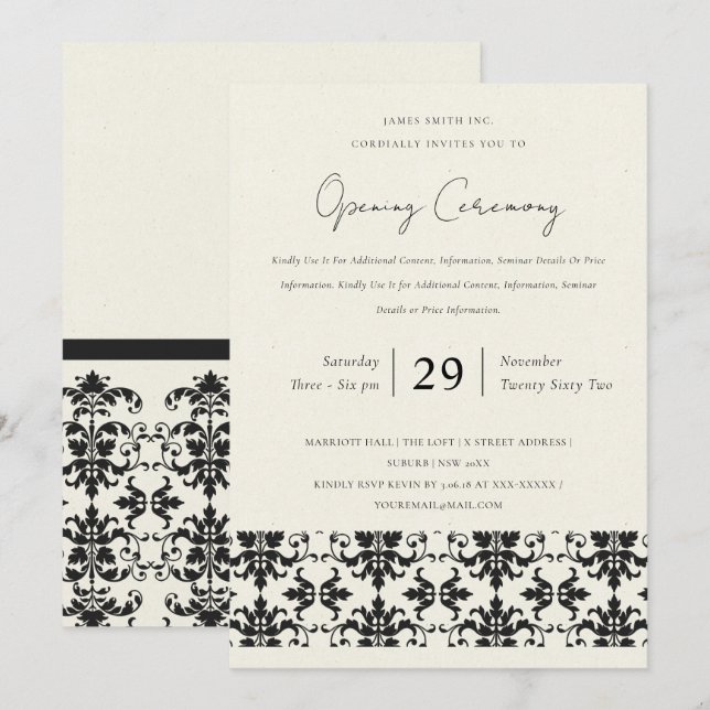 INVITACIÓN APERTURA GRANDIOSA DE DAMASCO NEGRO BLANCO FORMAL (Anverso / Reverso)