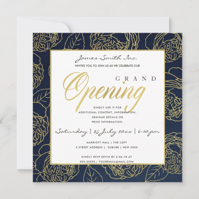 INVITACIÓN APERTURA GRANDIOSA DE LUXE GOLD NAVY ROSE FLORAL (Anverso)