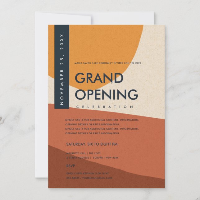 INVITACIÓN APERTURA MODERNA ABSTRACTA ART RUST NARANJA GRAND (Anverso)