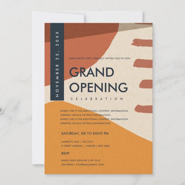 INVITACIÓN APERTURA MODERNA ABSTRACTA ART RUST NARANJA GRAND (Anverso)