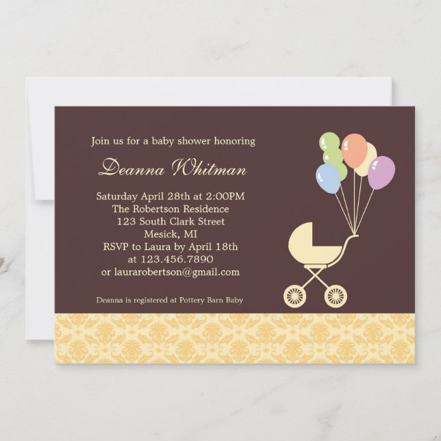 Invitación Aplastador amarillo con globos Baby Shower (Anverso)