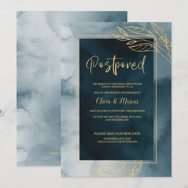 Invitación Aplazamiento de Boda Acuarela Marina y Dorada (Anverso / Reverso)