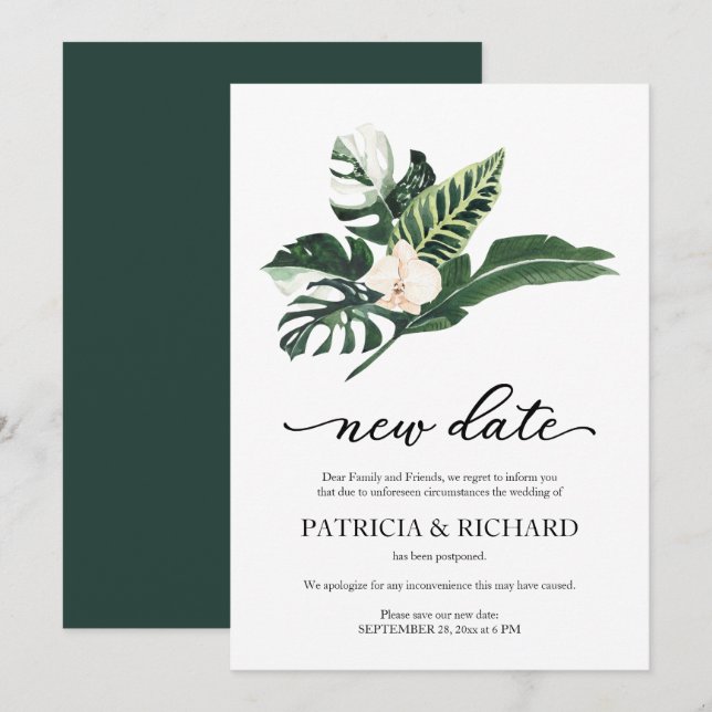 Invitación Aplazamiento del Boda de nueva fecha floral tropic (Anverso / Reverso)