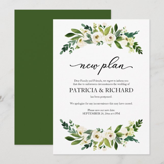 Invitación Aplazamiento del Boda del plan floral verde nuevo (Anverso / Reverso)