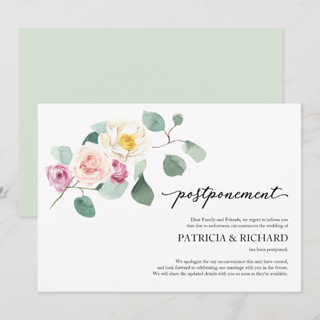 Invitación Aplazamiento del Boda floral Eucalyptus (Anverso / Reverso)