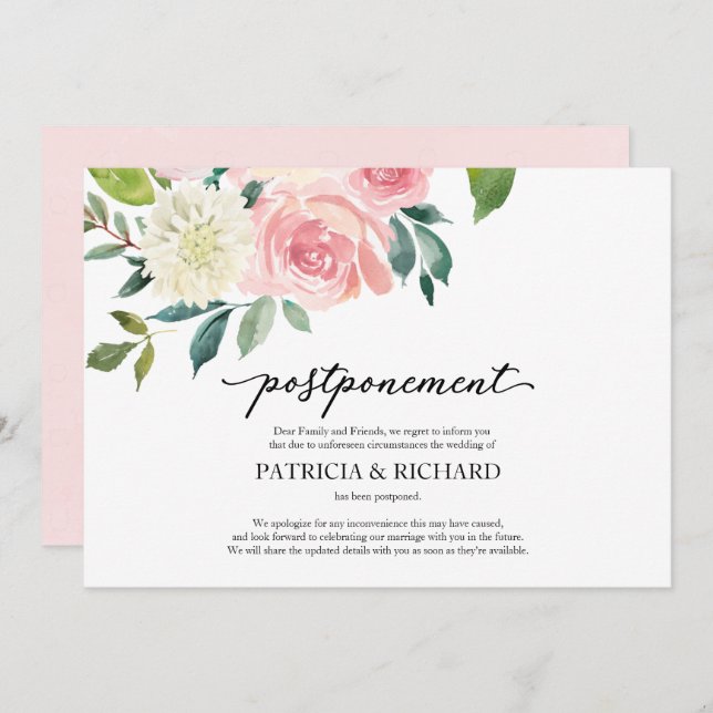 Invitación Aplazamiento del Boda floral Rubor de Moda simple (Anverso / Reverso)