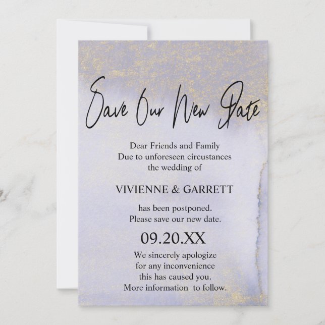 Invitación Aplazamiento del boda Guardar nuestra nueva fecha (Anverso)