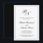 Invitación Aplazamiento formal del Boda del Monograma Blanco<br><div class="desc">Tarjeta tradicional de postergación de bodas en blanco y negro clásico con un diseño sencillo con su monograma inicial y sus nombres en una caligrafía elegante dentro de un borde delgado. El trasero es negro sólido. Este elegante diseño es perfecto para cuando tenga que cambiar la fecha de un boda...</div>