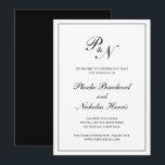 Invitación Aplazamiento formal del Boda del Monograma Blanco<br><div class="desc">Tarjeta tradicional de postergación de bodas en blanco y negro clásico con un diseño sencillo con su monograma inicial y sus nombres en una caligrafía elegante dentro de un borde delgado. El trasero es negro sólido. Este elegante diseño es perfecto para cuando tenga que cambiar la fecha de un boda...</div>