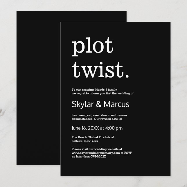 Invitación Aplazamiento moderno y simple del Boda casual (Anverso / Reverso)
