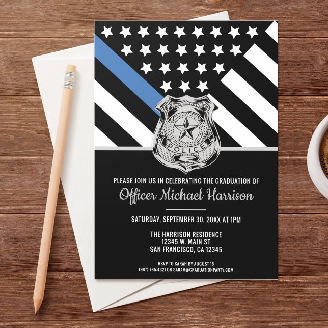 Invitación Aplicación de la ley de graduación de la Línea Azu (Invite all your family and friends to celebrate the police academy graduation of the new officer!)