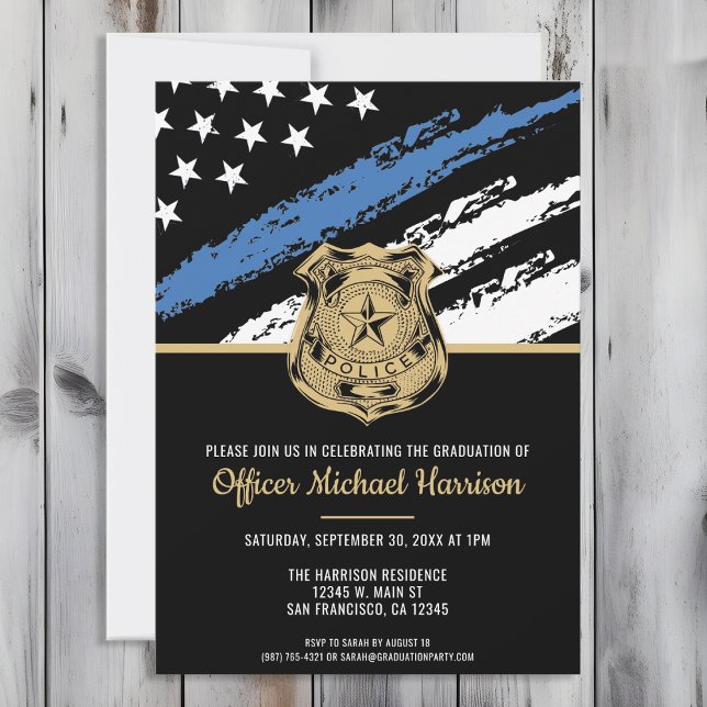 Invitación Aplicación de la ley de graduación de la Línea Azu (Perfect invitation to invite guests to celebrate the new police academy graduate in law enforcement!)