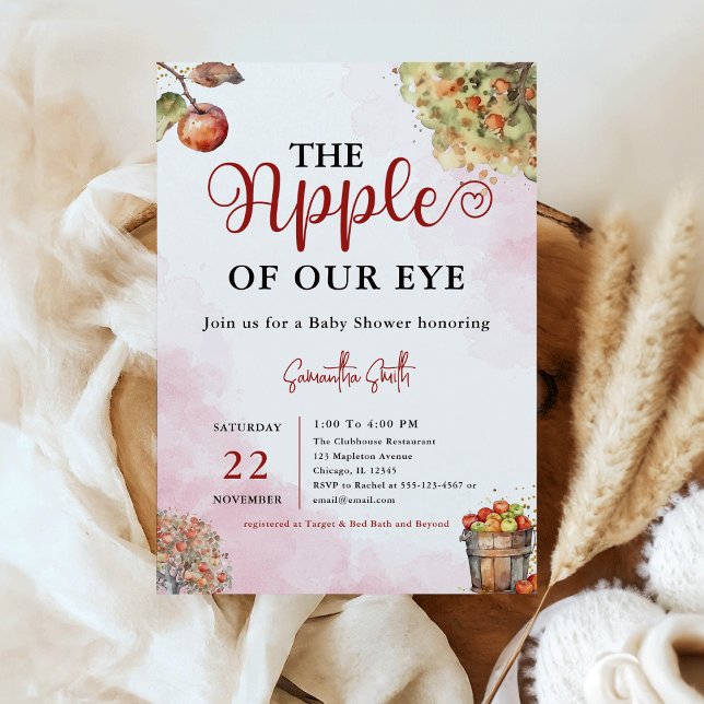 Invitación Apple Baby Shower, una estrella de nuestra acuarel (Apple of Our Eye Watercolor Fall Apple Baby Shower Invitation)