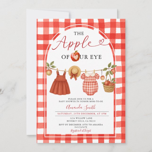 Invitación Apple Clothesline cae en Gingham Baby Shower (Anverso)