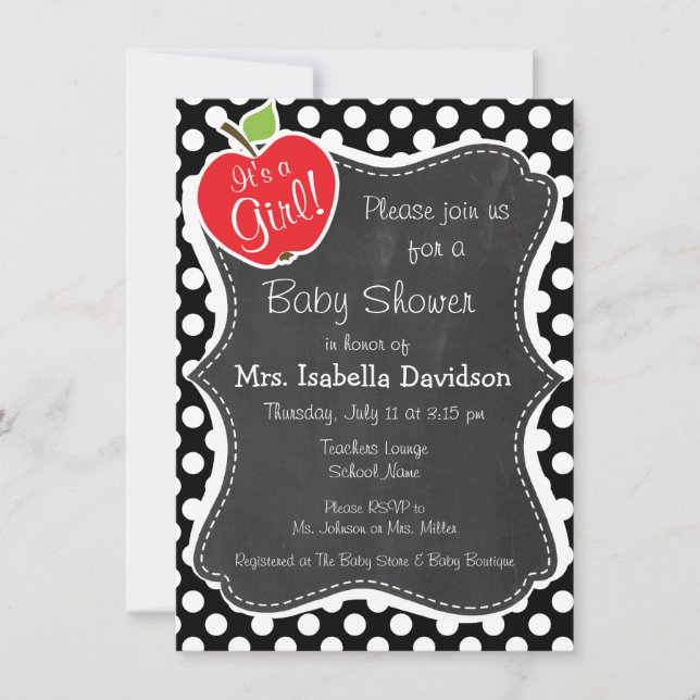 Invitación Apple con puntos de polka blanco y negro (Anverso)