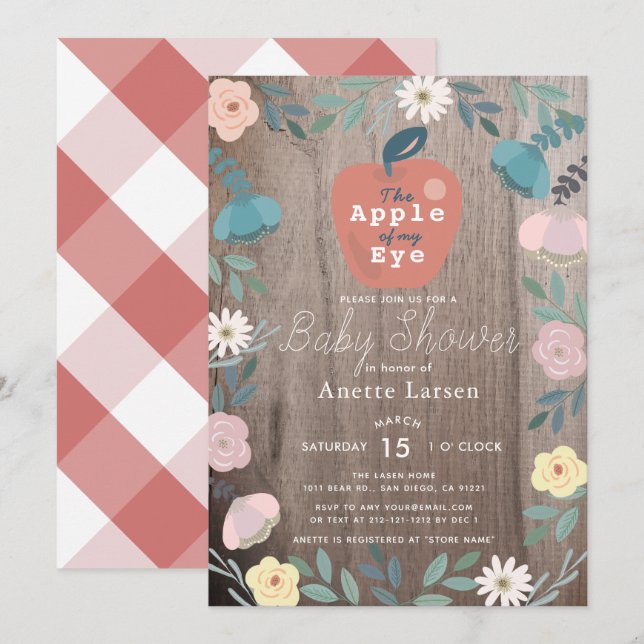 Invitación Apple de mi Baby Shower rústico de madera de ojos (Anverso / Reverso)