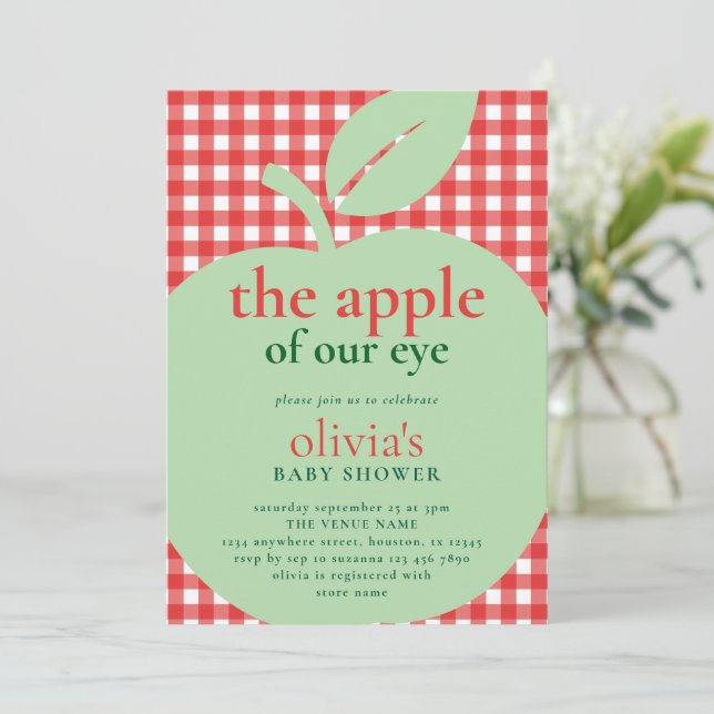 Invitación Apple de nuestro Baby Shower Rojo Eye Green (Anverso de pie)