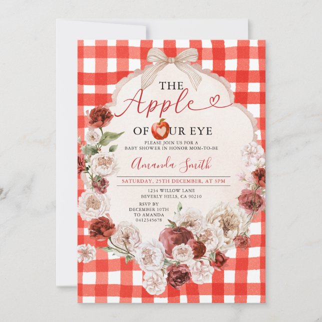 Invitación Apple de Nuestro Ojo Baby Shower Bow Red Gingham (Anverso)
