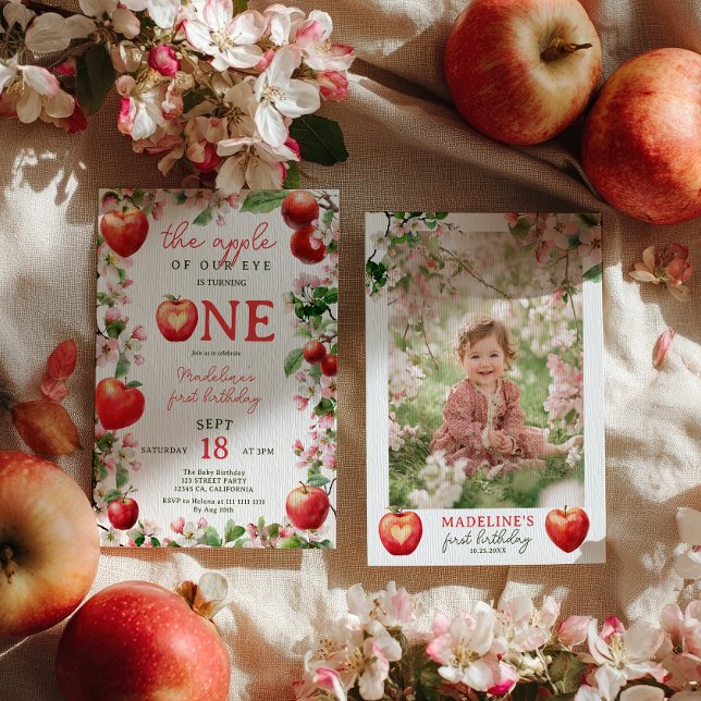 Invitación Apple de Our Eye Floral Fall Photo First Birday (Apple of Our Eye Floral Fall Photo First Birthday Invitation)